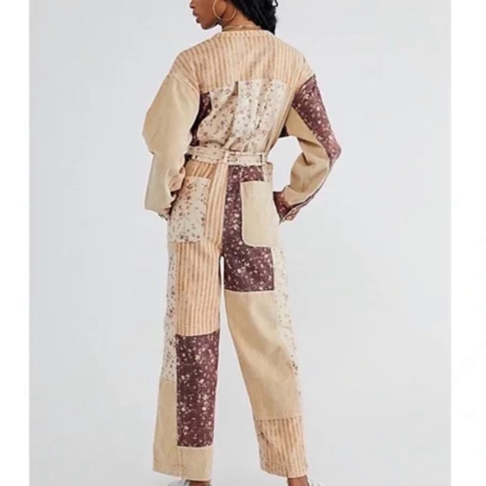 Free People Road Trip Patched M Pink Beige Utility Belted Patchwork Coveralls - Picture 7 of 7